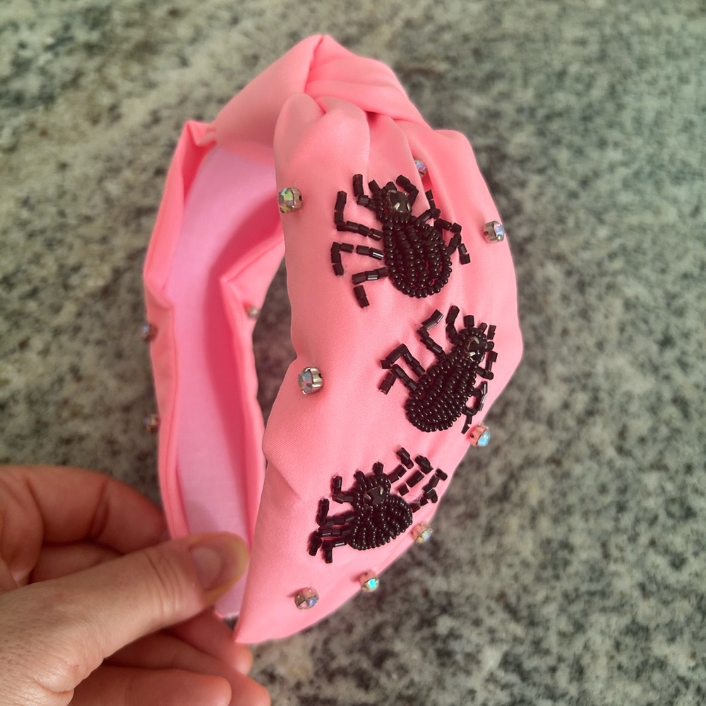 Beaded Top Knot Halloween Headband Pink With Black Jewel spiders And Cryatals